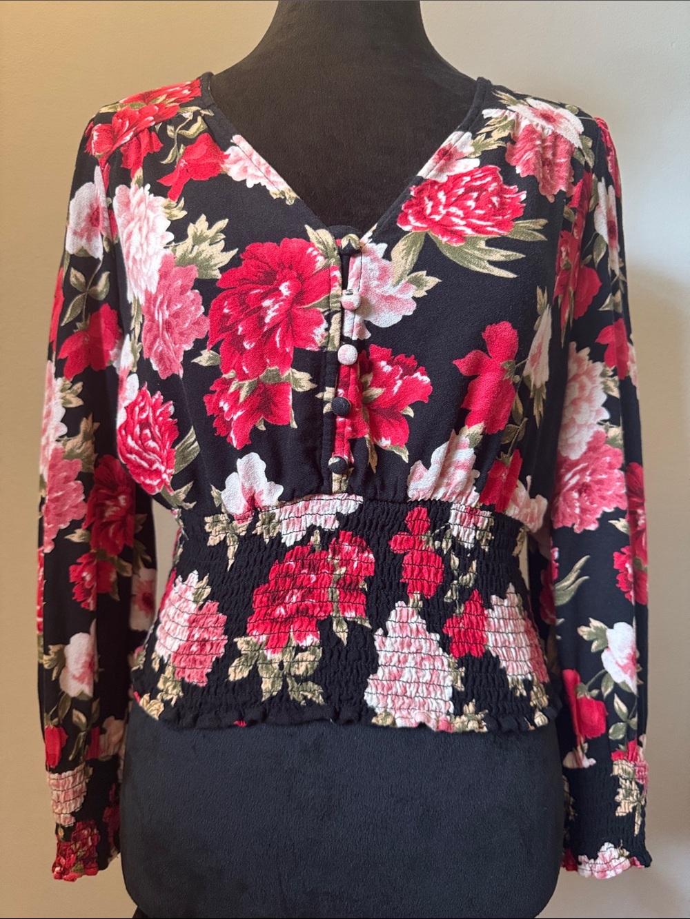 American Eagle Outfitters Black Floral V-Neck Smocked Waist Long Sleeve Top